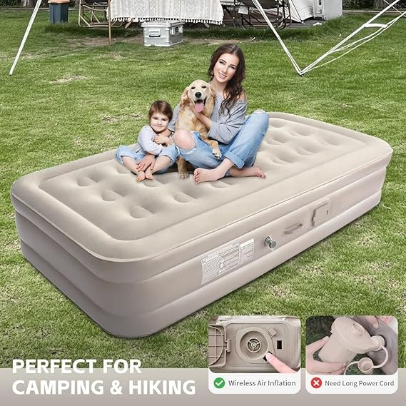 Inflatable Air Mattress with - Waterproof Single & Portable Blow Up Bed with Built-in Electric Pump Cable