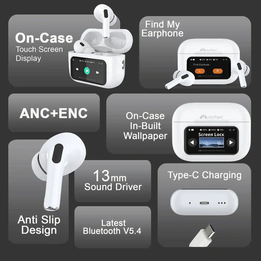 A9 Pro wireless earbuds with a smart touch screen display