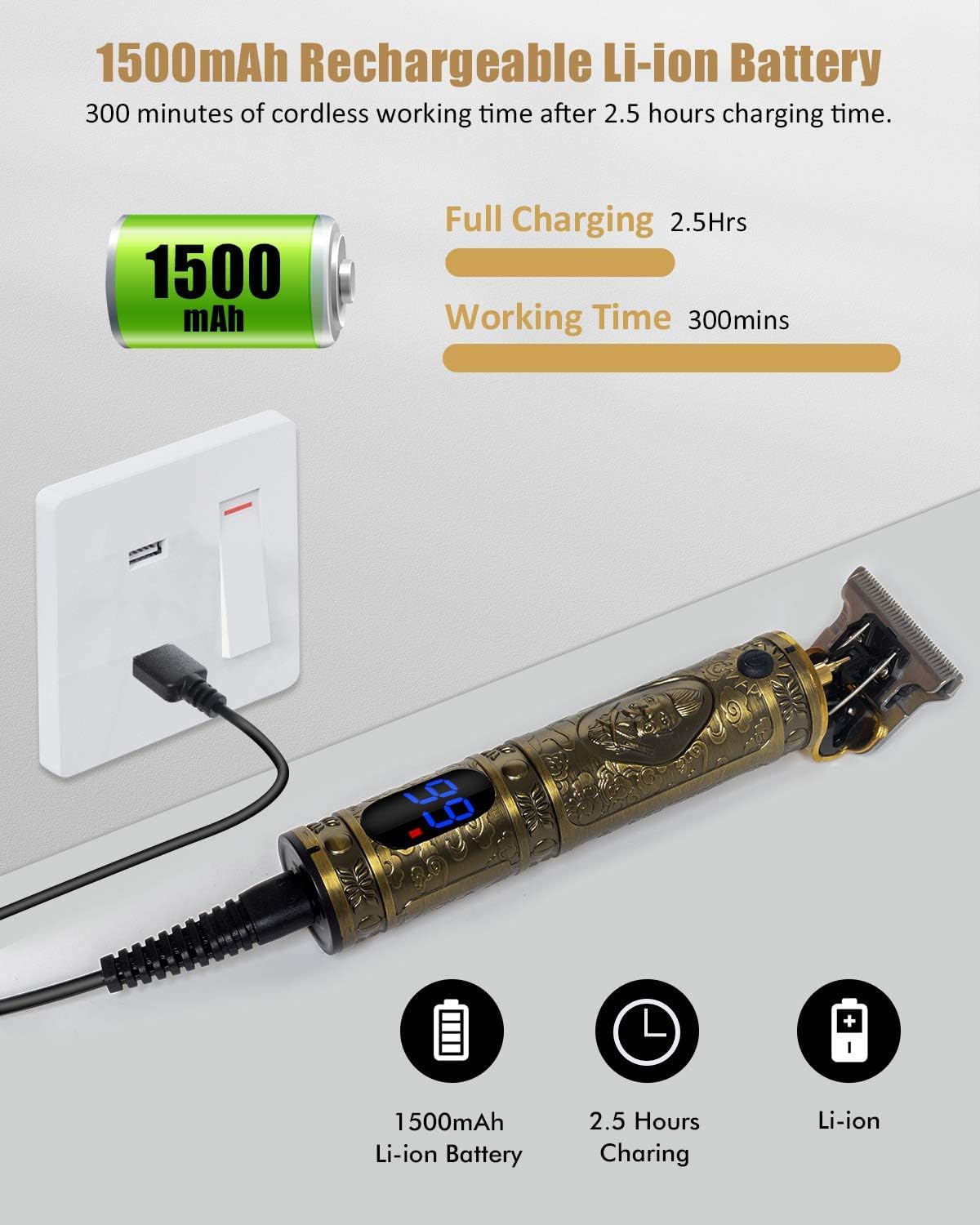 Vintage T9 Trimmer with Buddha Engraving, Digital Display, Charging Indicator