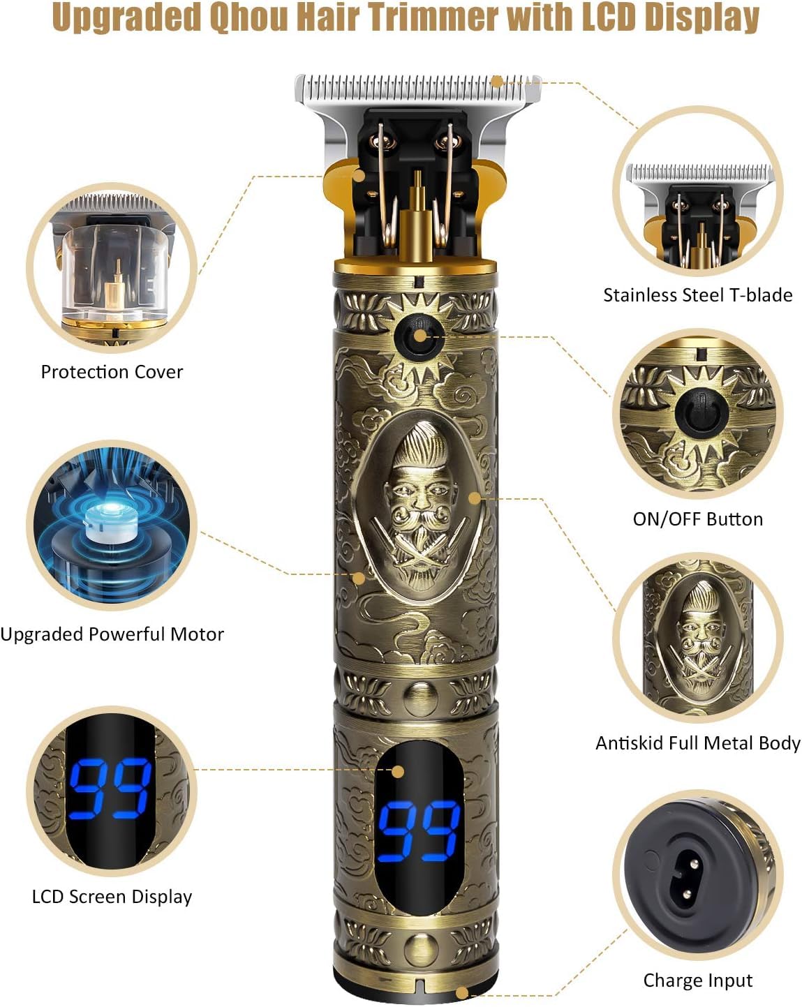 Vintage T9 Trimmer with Buddha Engraving, Digital Display, Charging Indicator