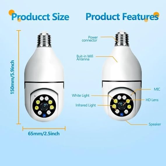 Wi-Fi CCTV Camera E27 MODEL1080p Wireless PTZ Bulb Shape V380 Pro