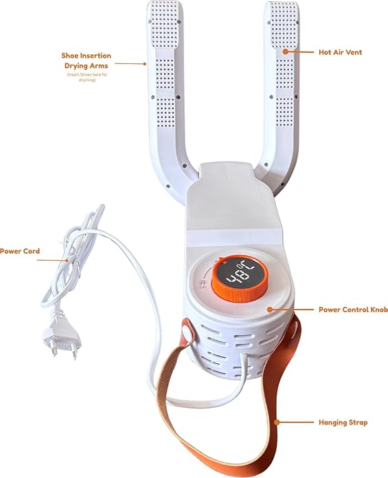 Electric shoe dryer with a timer and temperature control.