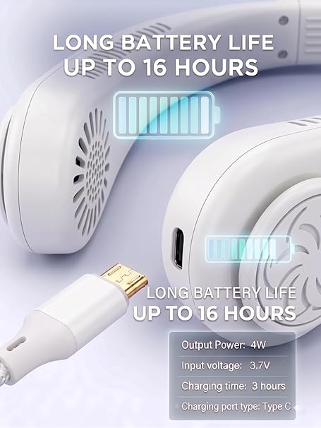 Portable Neck Fan Bladeless Wearable Cooling Fan 360° Airflow Hair-Safe Hanging Design 3-Speed Adjustable Rechargeable 4000mAh