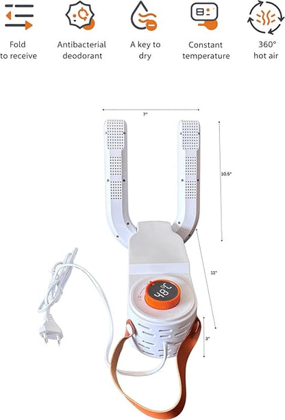 Electric shoe dryer with a timer and temperature control.