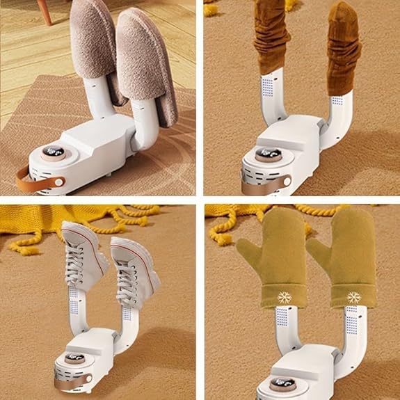 Electric shoe dryer with a timer and temperature control.