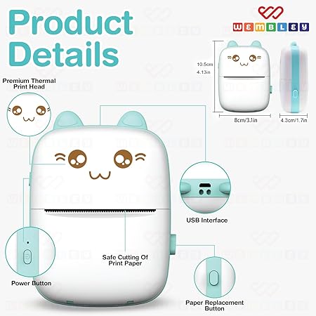Mini Bluetooth Printer for Kids| Durable, Portable & Safe| Kitty Themed Thermal Printer