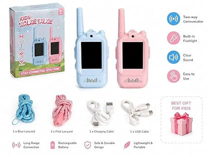 Kids Walkie Talkie Set of 2, Pink and Blue, Two-Way Communication, Built-in Flashlight, Rechargeable Battery, for Ages 3 and Above