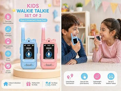 Kids Walkie Talkie Set of 2, Pink and Blue, Two-Way Communication, Built-in Flashlight, Rechargeable Battery, for Ages 3 and Above