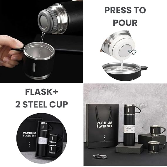 Vacuum Flask Set with 2 Cups, Insulated Double Wall Stainless Steel 500ml