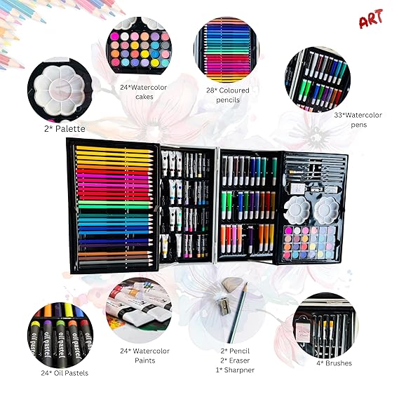 Kitchen Bloom Art Set for Kids, 145 Pieces Drawing Kit with Colour Pencils, Oil Pastels, Paint Brushes, Unicorn Theme Art Set
