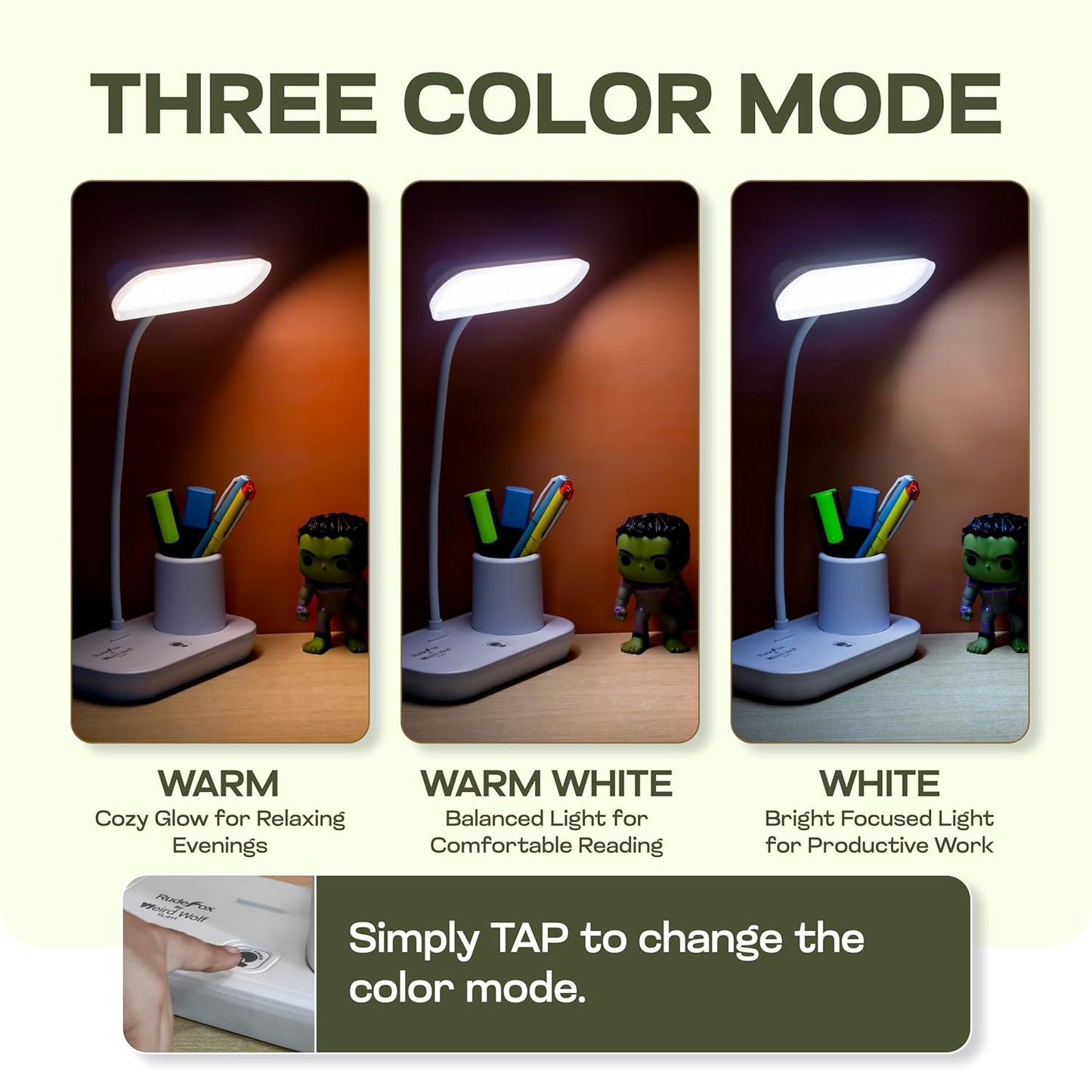 WEIRD WOLF Rechargeable Study Table Lamp for Study Room | 3 Color Modes & Adjustable Brightness