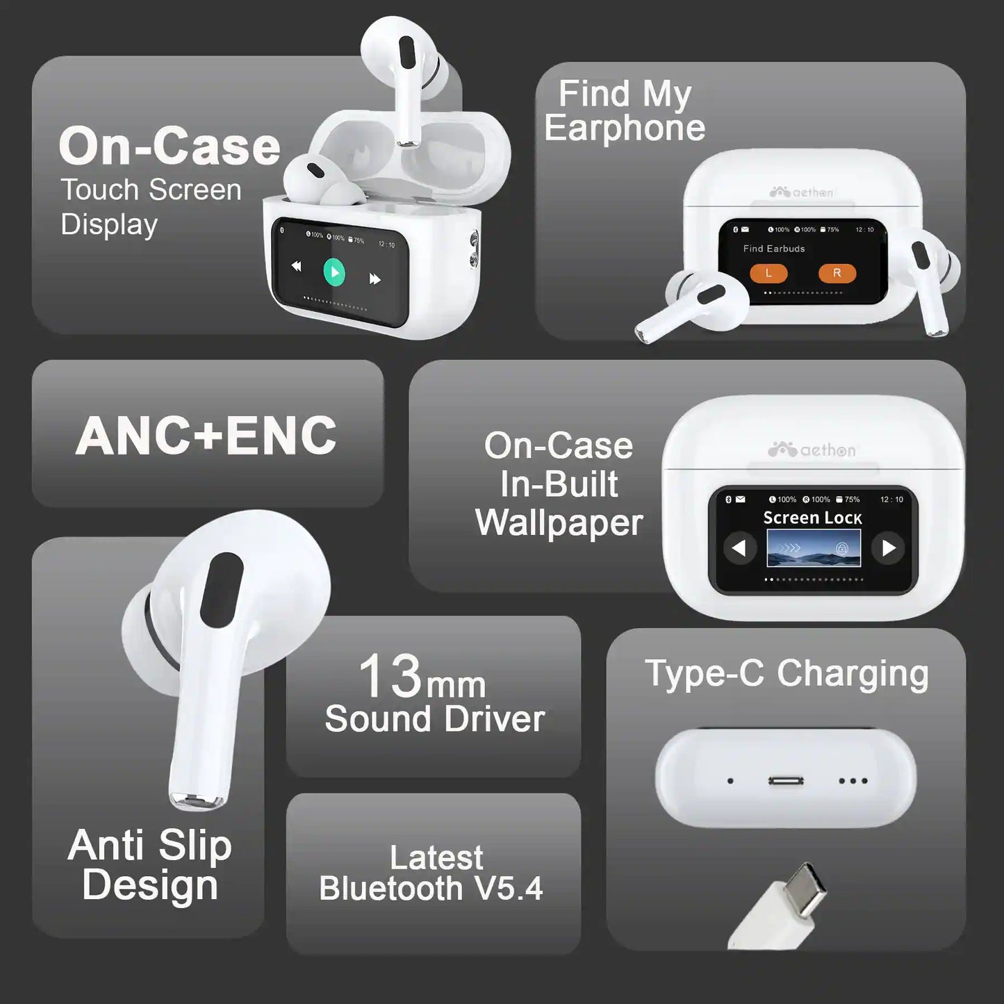 A9 Pro wireless earbuds with a smart touch screen display
