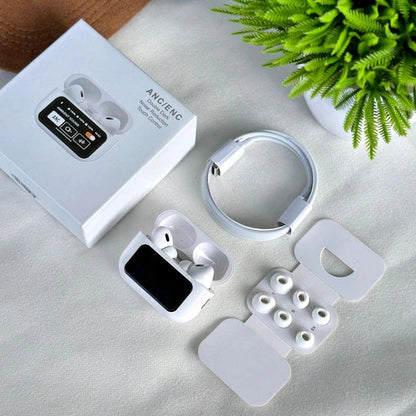 A9 Pro wireless earbuds with a smart touch screen display