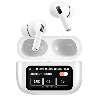 A9 Pro wireless earbuds with a smart touch screen display