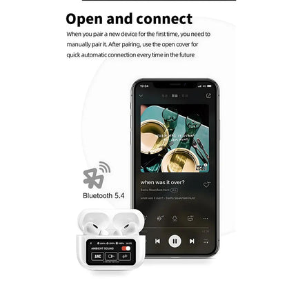 A9 Pro wireless earbuds with a smart touch screen display